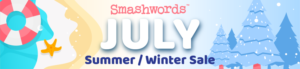 A colorful promotional banner for a Smashwords sale in July, featuring seasonal imagery of summer and winter elements.